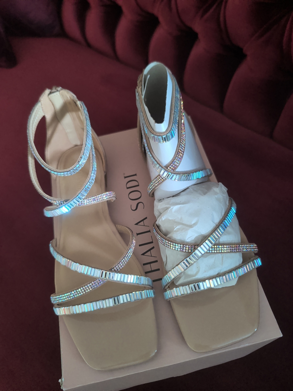 Thalia Sodi Iridescent Crystal-Strap Beige Block Heel Sandals